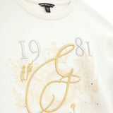 Felpa con ricamo logo lettering e strass crema