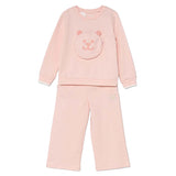 Set tuta felpa girocollo con patch orsetto e pantalone wide leg rosa