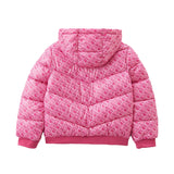 Piumino zip con cappuccio fantasia logo rosa