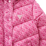 Piumino zip con cappuccio fantasia logo rosa