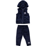 Completo sportivo smanicato, body e pantaloni blu