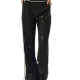 Pantalone stile jogger con paillettes e fascia a contrasto nero