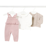 Completo tre pezzi salopette, maglia e cardigan rosa multi