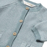 Completo tre pezzi cardigan, polo e salopette verde acqua