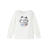 T-shirt manica lunga ricamo gatto panna