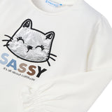 T-shirt manica lunga ricamo gatto panna