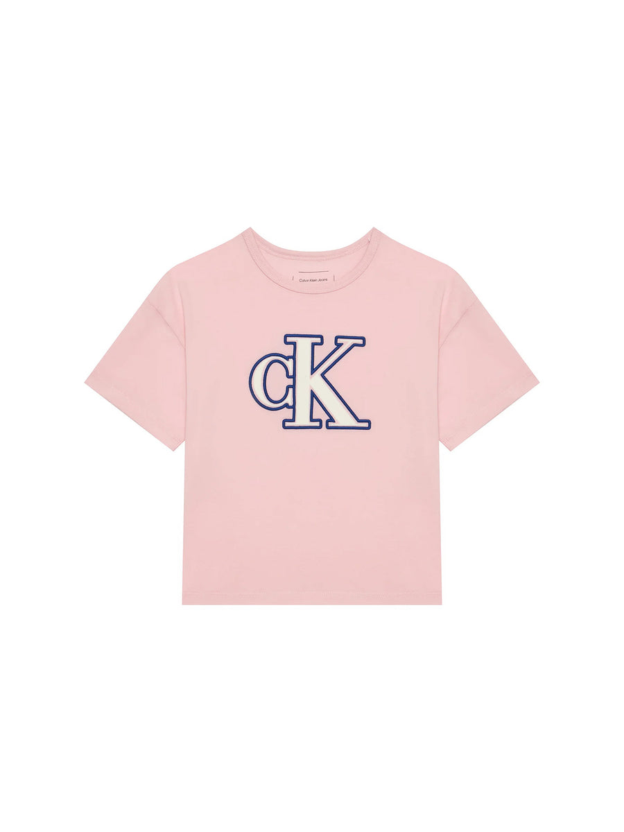 T-shirt teen logo monogram flock boxy rosa