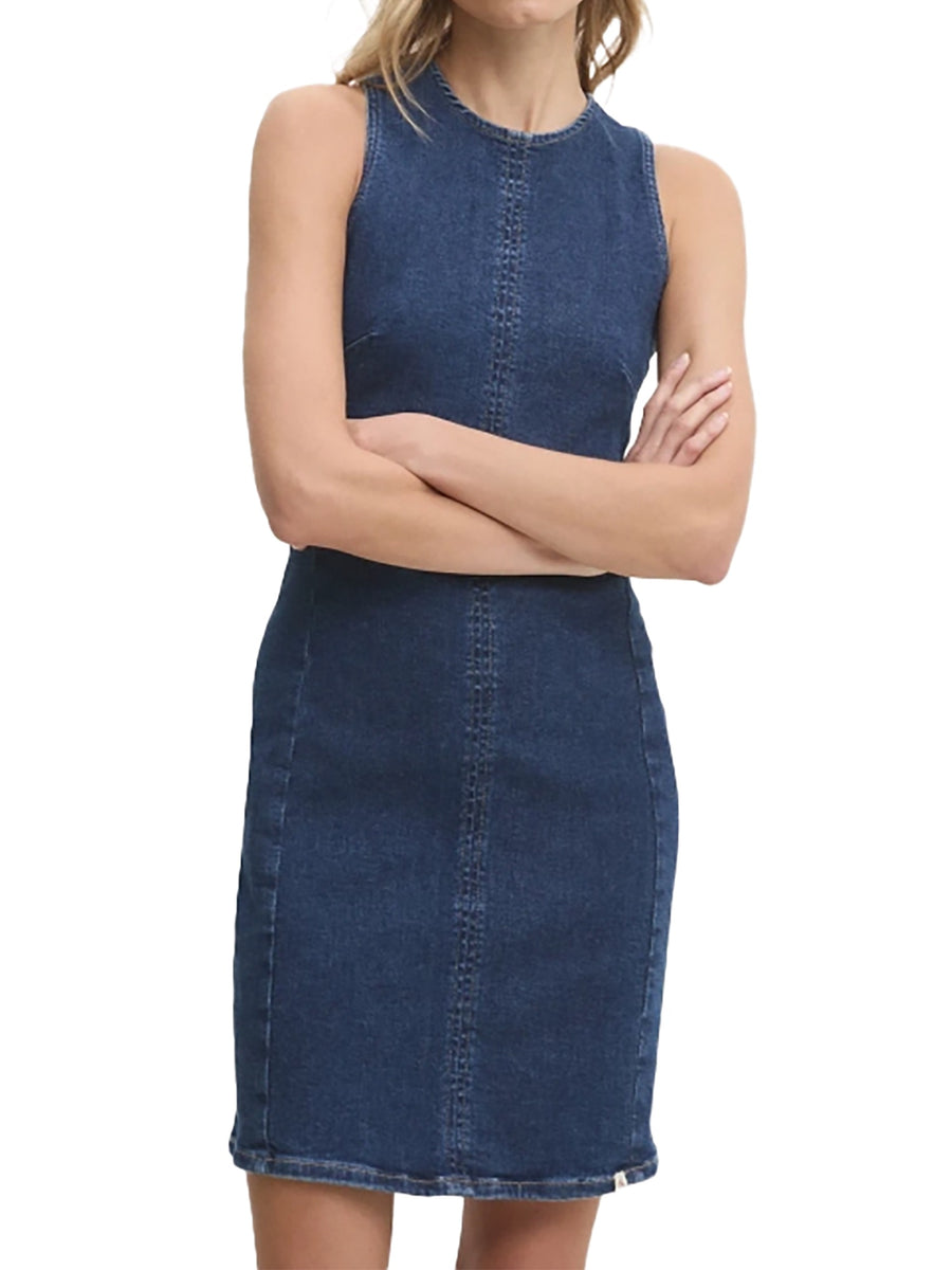 Abito smanicato column in denim scuro