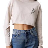 T-shirt maniche lunghe taglio crop logo script panna