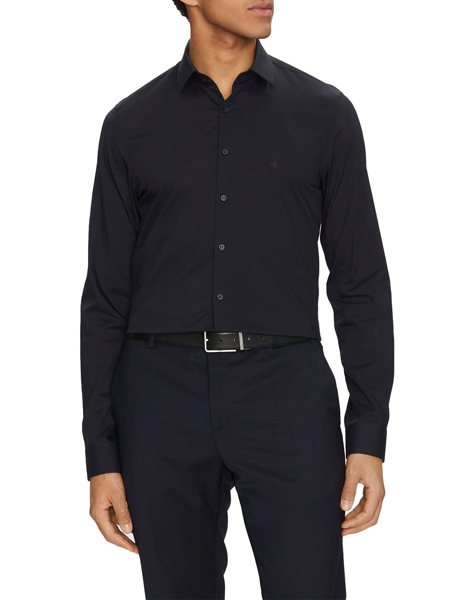 Camicia slim fit in solid lyocell blu