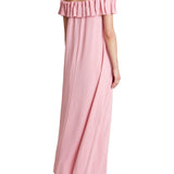 Abito lungo off sholder con volant rosa