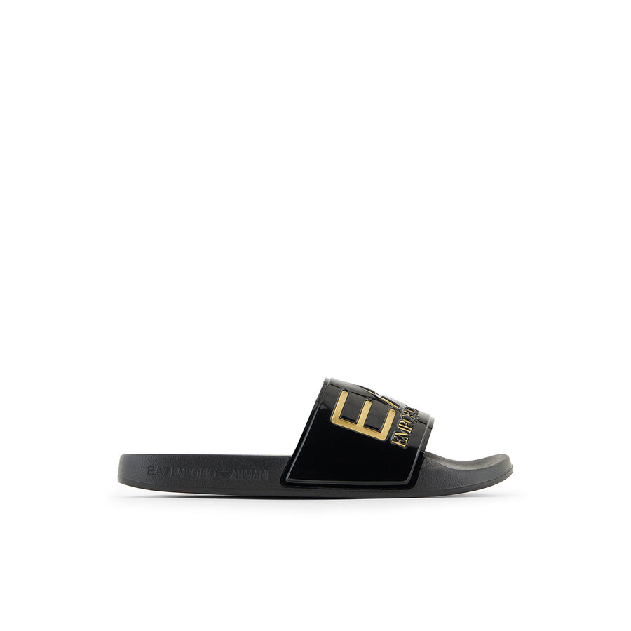 Ciabatta maxi logo pvc effetto lucido nero/oro