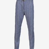 Pantalone Amalfi in lino e cotone con coulisse gessato azzurro