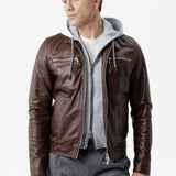 Giacca Biker in pelle con cappuccio Integrato moro