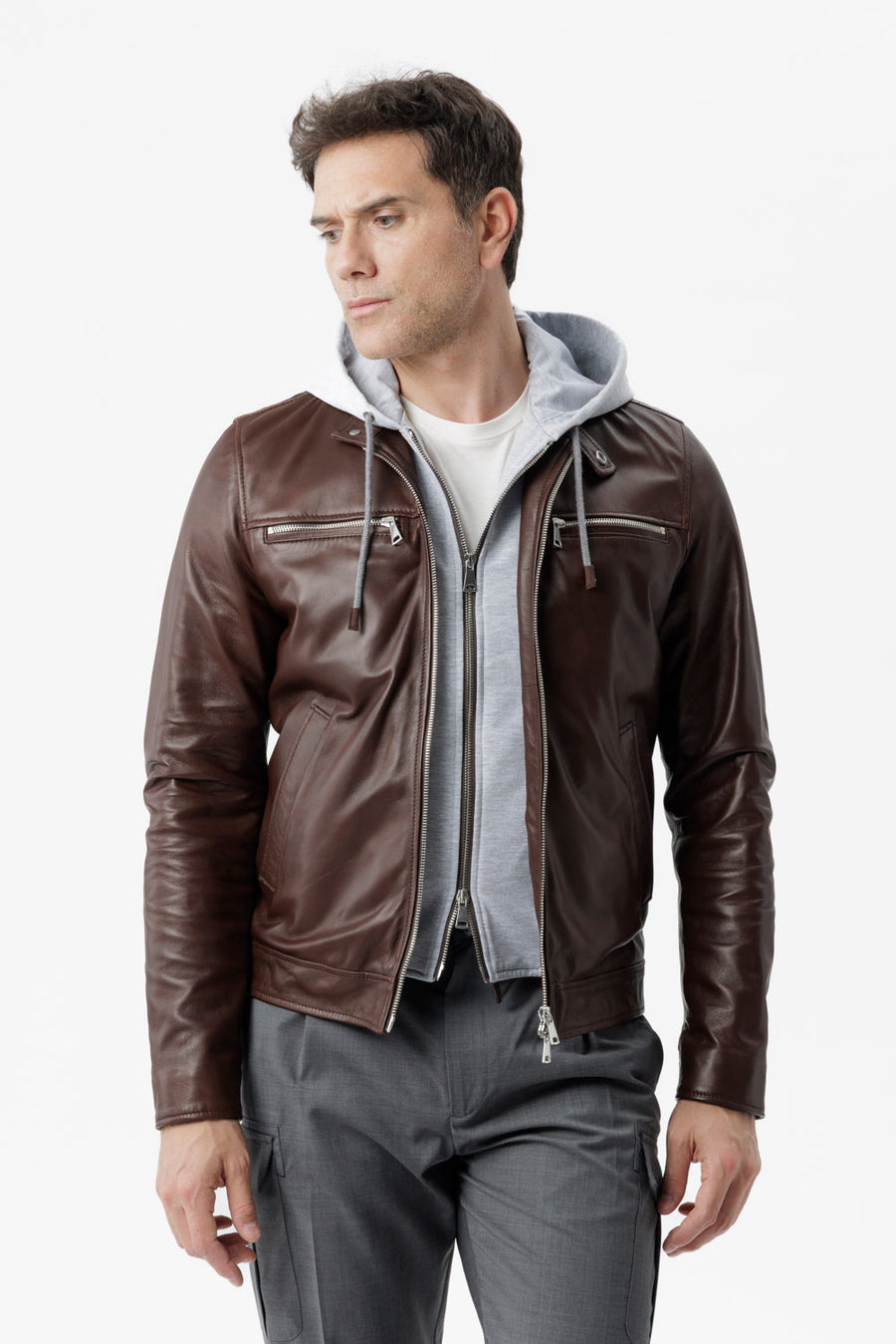 Giacca Biker in pelle con cappuccio Integrato moro