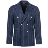 Giacca Venezia doppiopetto in lino e cotone gessata blu