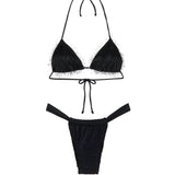 Bikini triangolo effetto piumato nero
