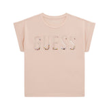 T-shirt maniche corte con logo trasparente e paillettes rosa