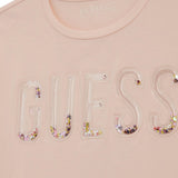 T-shirt maniche corte con logo trasparente e paillettes rosa