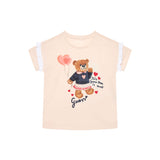 T-shirt istampa orsetto e rouche rosa