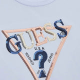 T-shirt con logo applicazione pailettes e strass azzurro