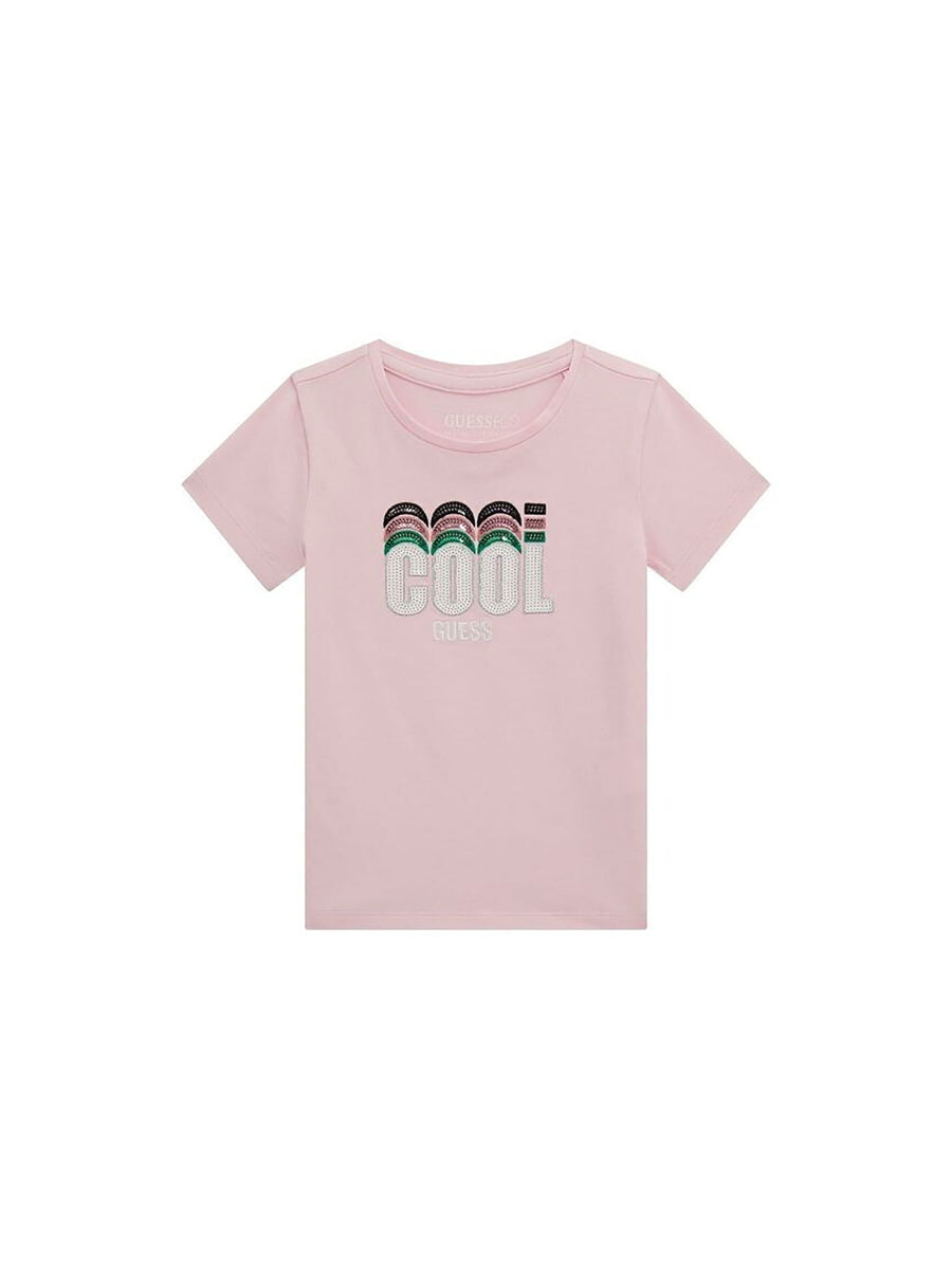 T-shirt scritta cool con applicazione paillettes rosa