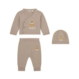 Completo neonato cardigan, pantalone e cappellino teddy beige