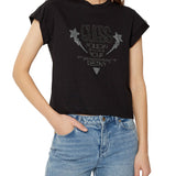 T-shirt dettaglio strass sulle spalle nero