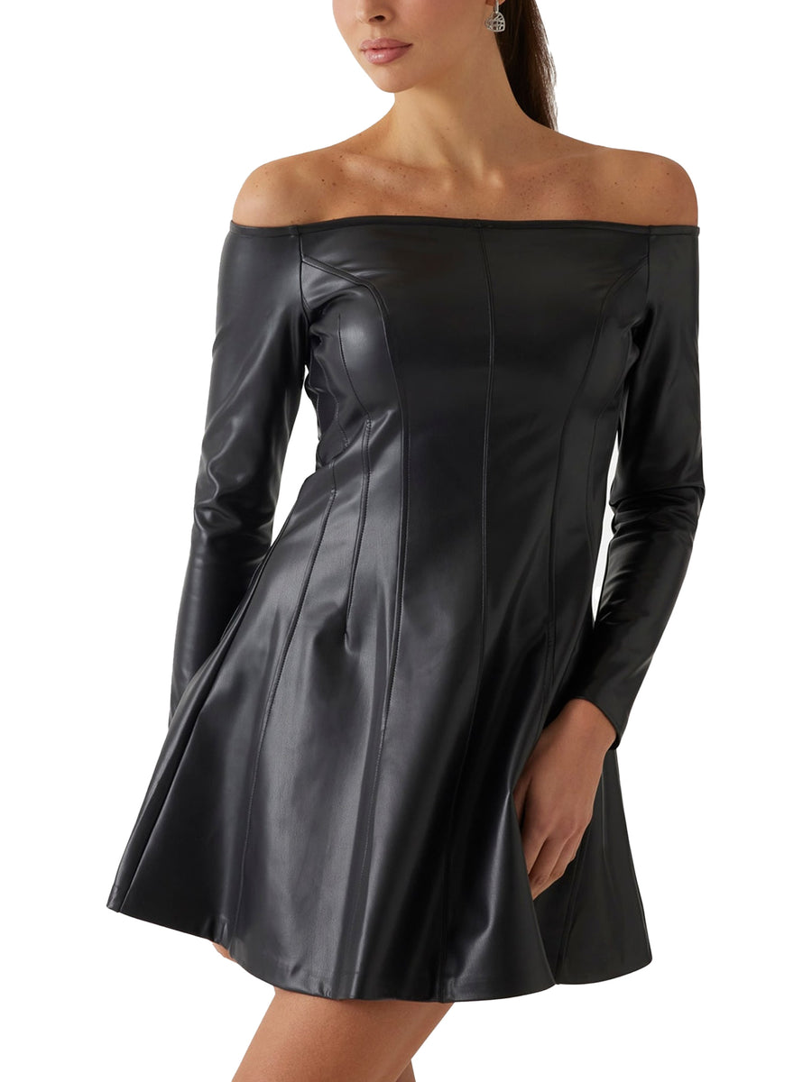 Abito Chrissy off-shoulder in similpelle nero