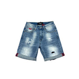 Bermuda jeans effetto used con logo posteriore denim chiaro