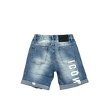 Bermuda jeans effetto used con logo posteriore denim chiaro