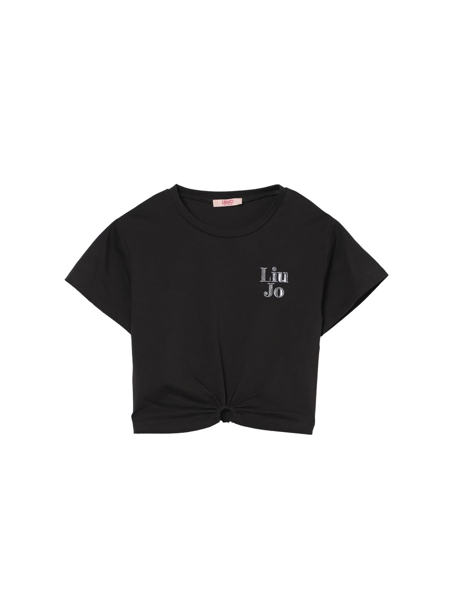 T-shirt crop con dettaglio anello nero