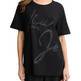 T-shirt con maxi logo in strass sul petto nero