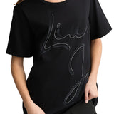 T-shirt con maxi logo in strass sul petto nero