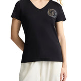 T-shirt con scollo a V e logo strass nero