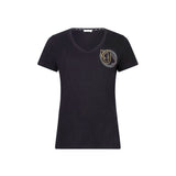 T-shirt con scollo a V e logo strass nero