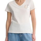 T-shirt con scollo a V e logo strass bianco
