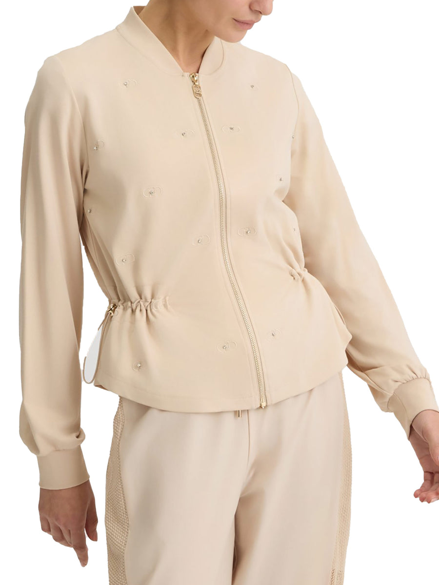 Felpa con zip e strass beige