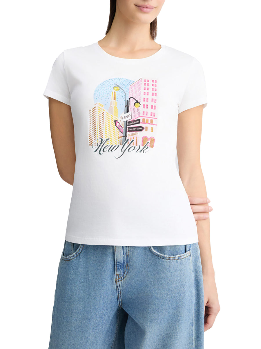 T-shirt con stampa "New York" con strass bianco