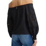 Blusa off the shoulder con ricami traforati nero