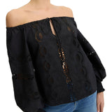 Blusa off the shoulder con ricami traforati nero