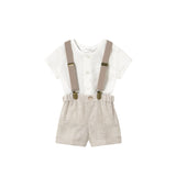 Completo tre pezzi (camicia+short+bretelle) beige