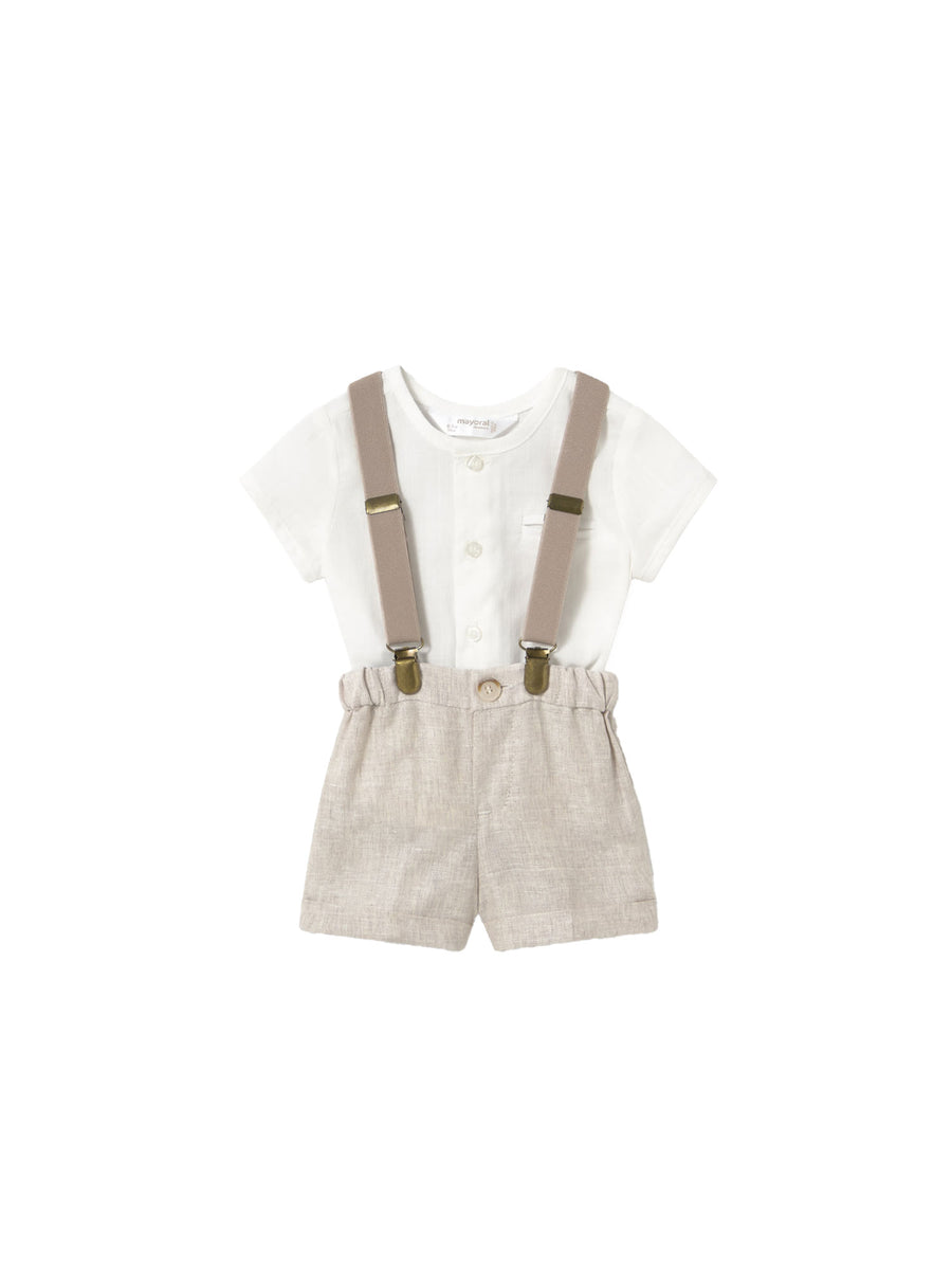 Completo tre pezzi (camicia+short+bretelle) beige