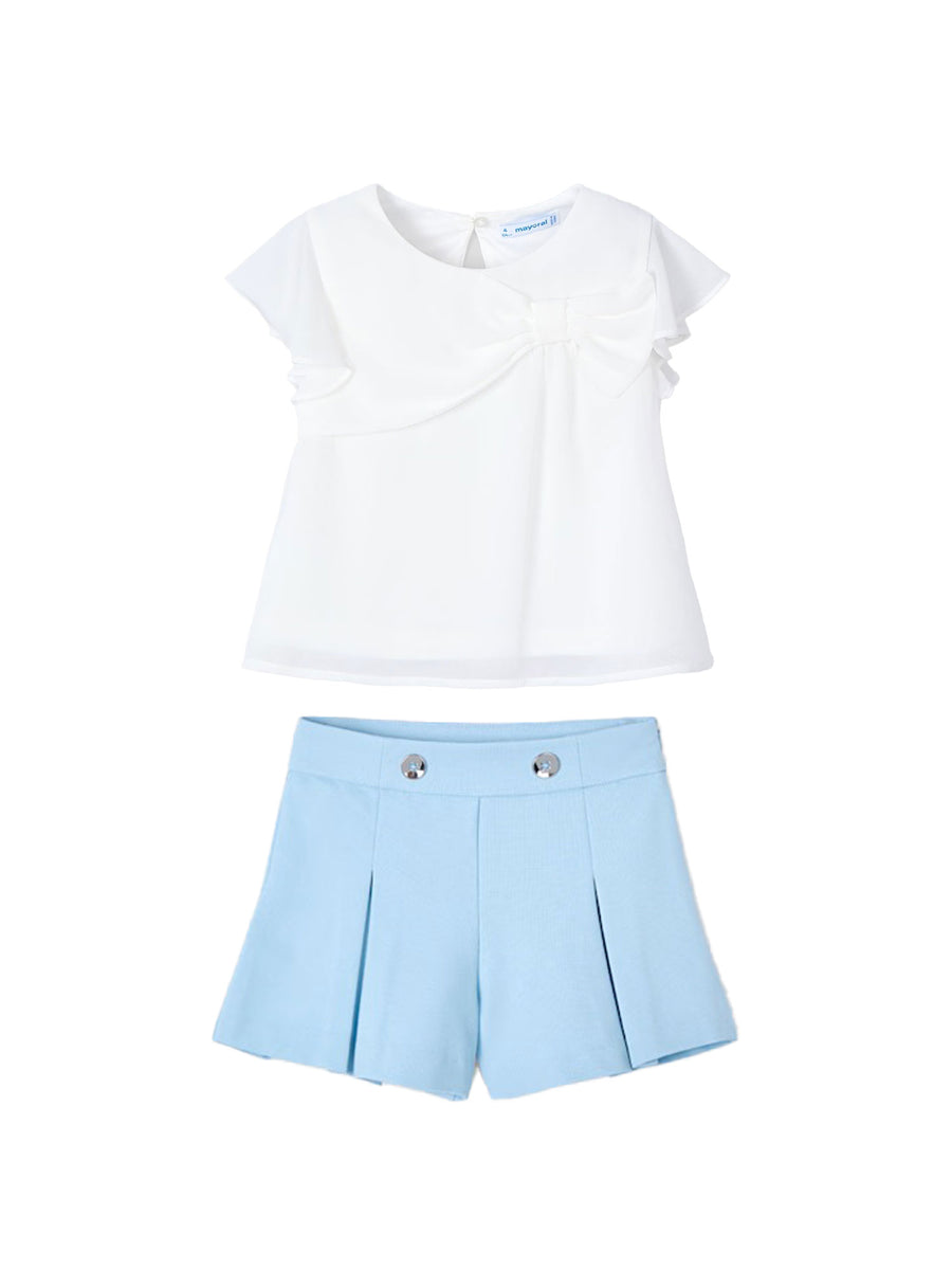 Completo due pezzi (blusa+short) poly bianco/celeste