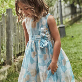 Abito smanicato fiori lino blu multi
