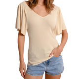 T-shirt manica corta doppia V a costine crema