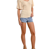 T-shirt manica corta doppia V a costine crema