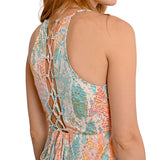 Abito smanicato lungo stampato fantasia azzurro/arancio multi
