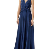 Abito lungo con drappeggio frontale in raso blu