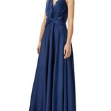 Abito lungo con drappeggio frontale in raso blu